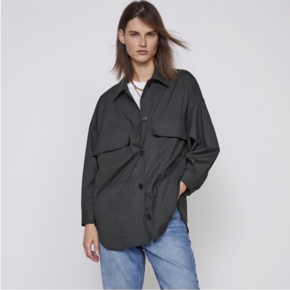 Zara Charcoal Heather Grey Oversized Soft Stretch Utility Shirt Jacket XL